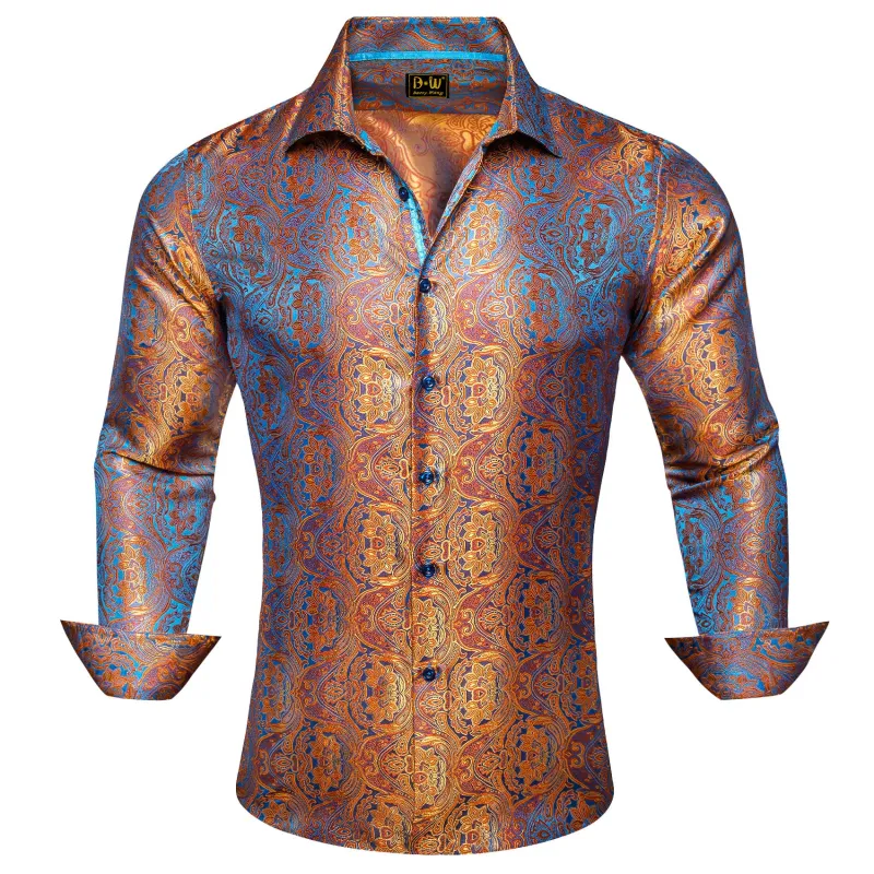 Barry. Wang Mens Button Down Shirt Orange Blue Floral Casual Silk Long Sleeve Dress Shirt sold by Barrywang