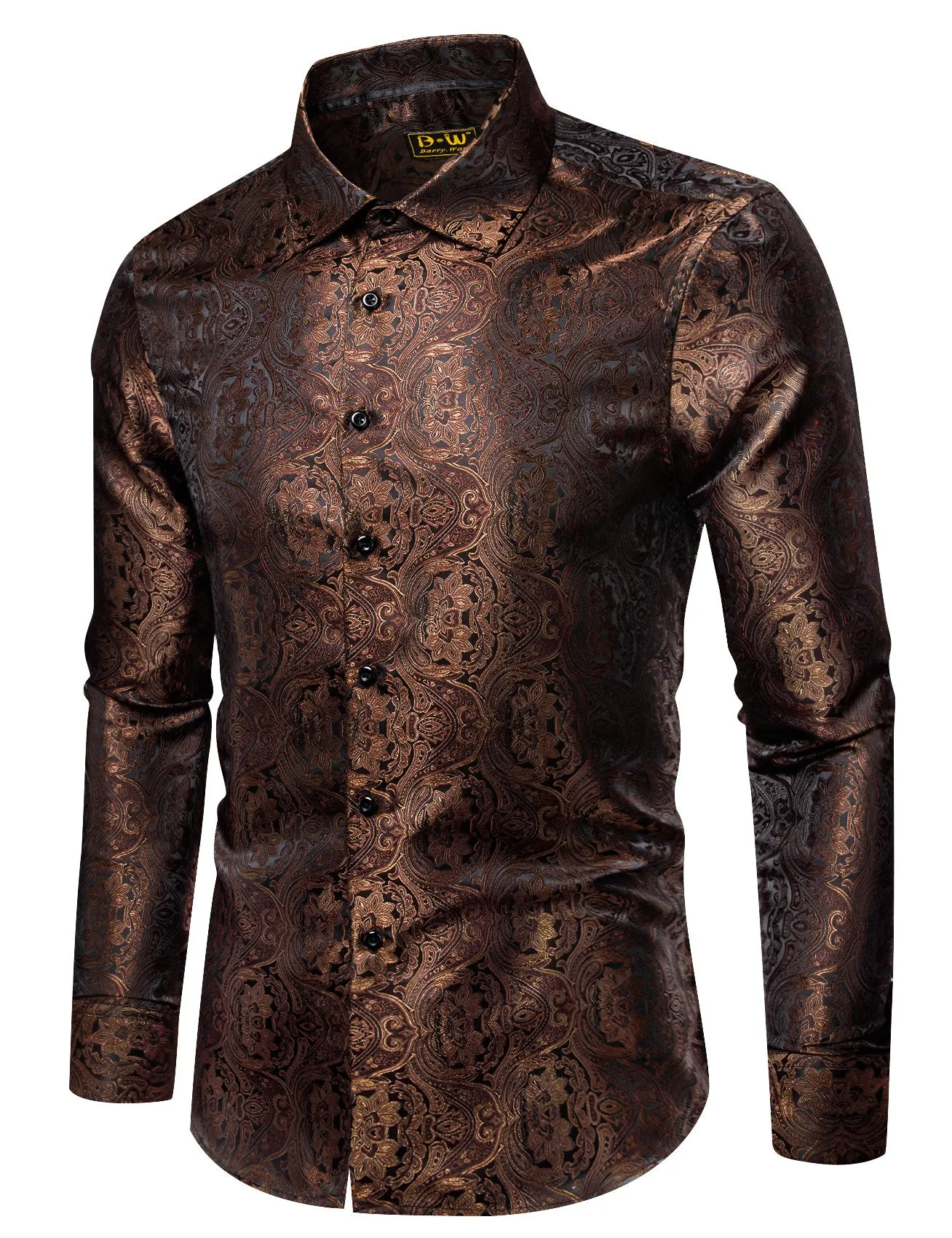 Barry. Wang Mens Button Down Shirt Rust Floral Casual Silk Long Sleeve Dress Shirt sold by Barrywang product image thumbnail 3