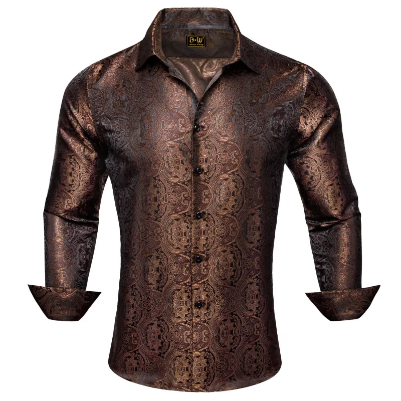 Barry. Wang Mens Button Down Shirt Rust Floral Casual Silk Long Sleeve Dress Shirt sold by Barrywang