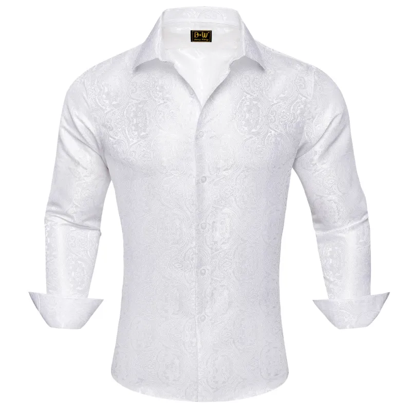 Barry. Wang Mens White Dress Shirt Floral Silk Long Sleeve Button Down Shirt sold by Barrywang