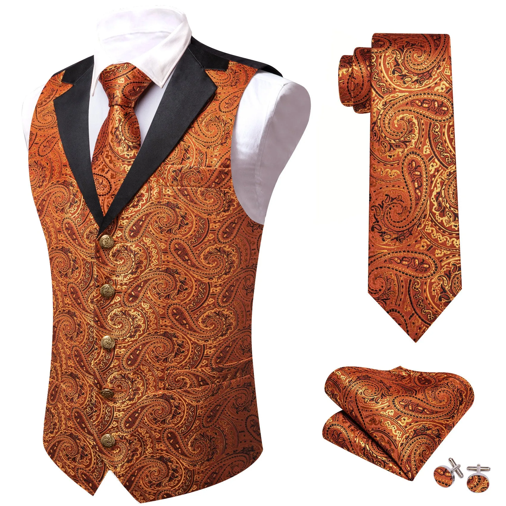 Barry. Wang Mens Marigold Vest Suit 4PCS Paisley Tuxedo Vest Necktie Hanky Cufflinks Set sold by Barrywang product image thumbnail 3