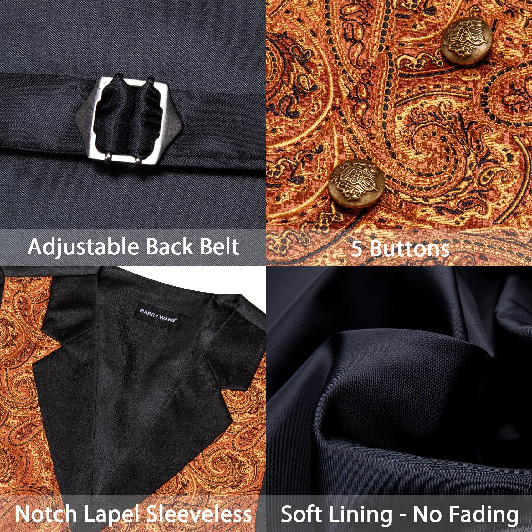 Barry. Wang Mens Marigold Vest Suit 4PCS Paisley Tuxedo Vest Necktie Hanky Cufflinks Set sold by Barrywang product image thumbnail 5