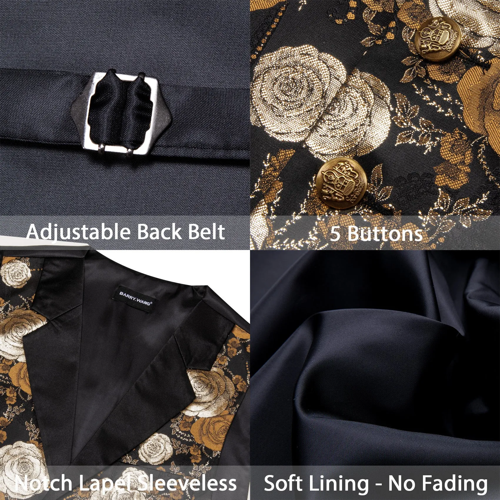 Barry. Wang Beige Golden Brown Floral Suit Vest V-neck Wedding Dress Waistcoat Tie Pocket Square Set sold by Barrywang product image thumbnail 5