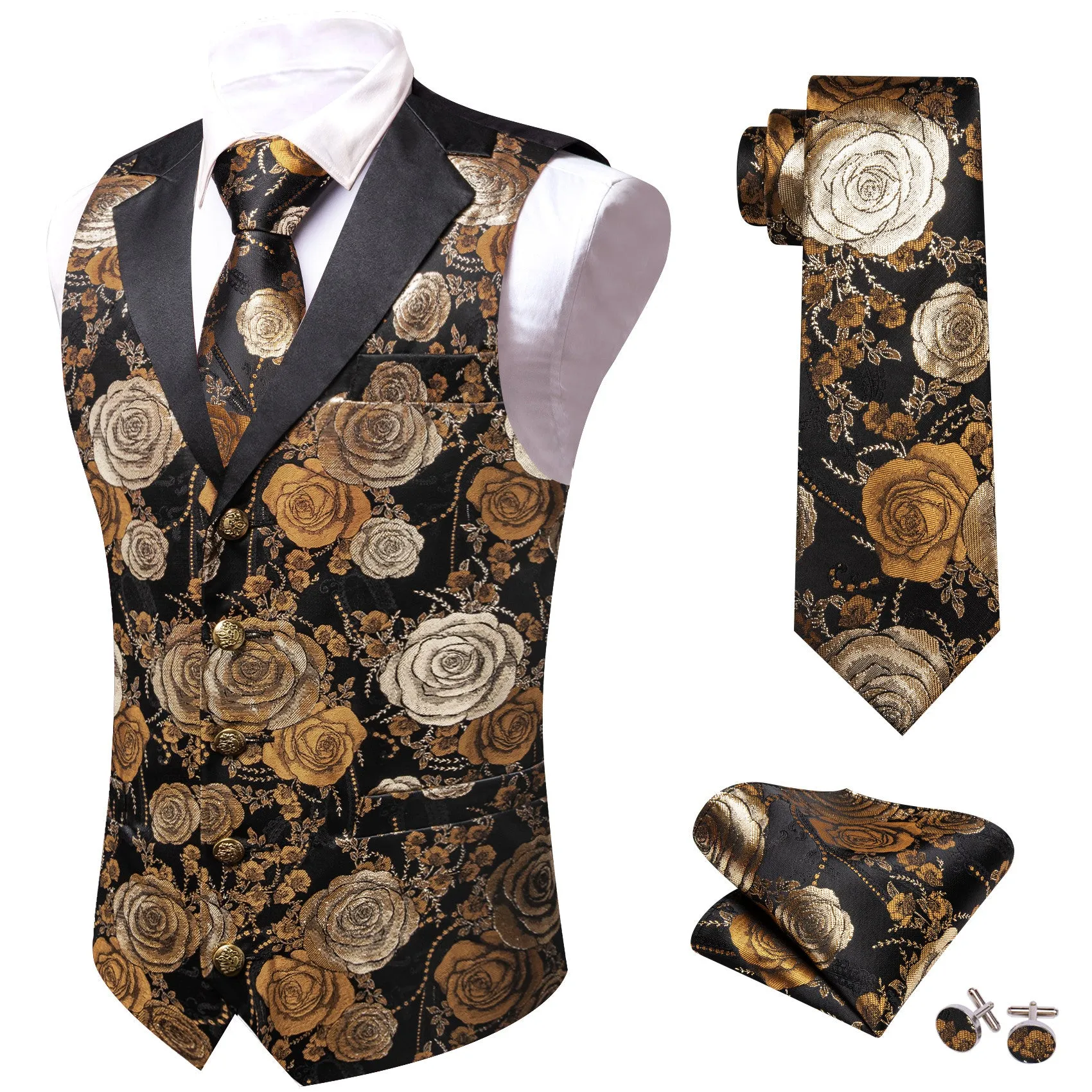 Barry. Wang Beige Golden Brown Floral Suit Vest V-neck Wedding Dress Waistcoat Tie Pocket Square Set sold by Barrywang product image thumbnail 3