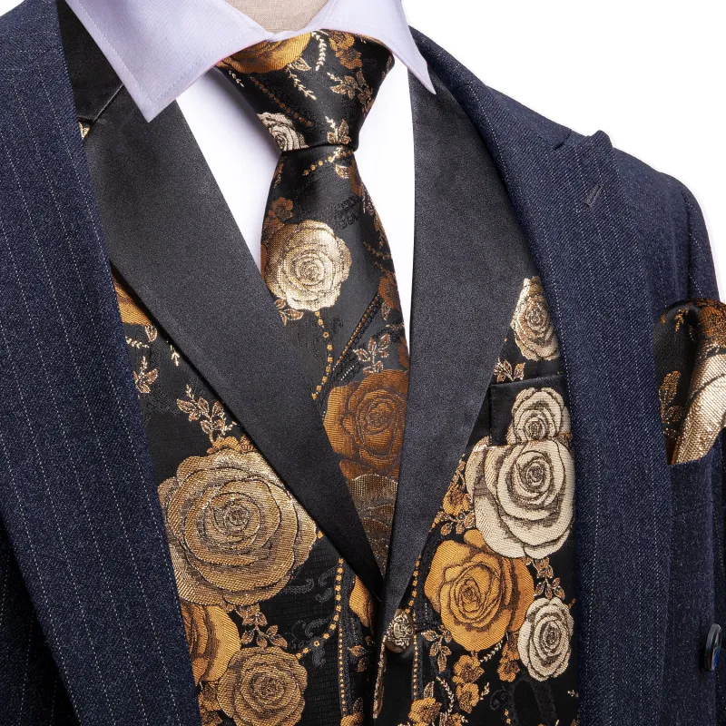Barry. Wang Beige Golden Brown Floral Suit Vest V-neck Wedding Dress Waistcoat Tie Pocket Square Set sold by Barrywang