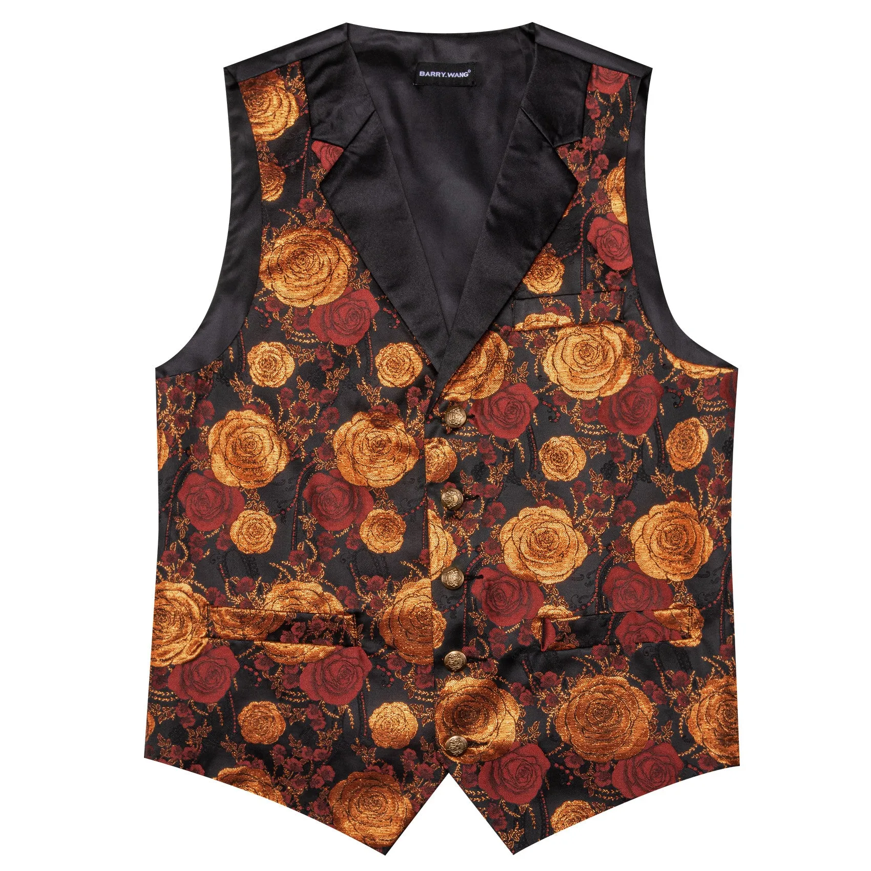 Barry. Wang Mens Collar Vest Red Orange Rose Floral Suit Waistcoat Tie Hanky Cufflinks Set sold by Barrywang product image thumbnail 4