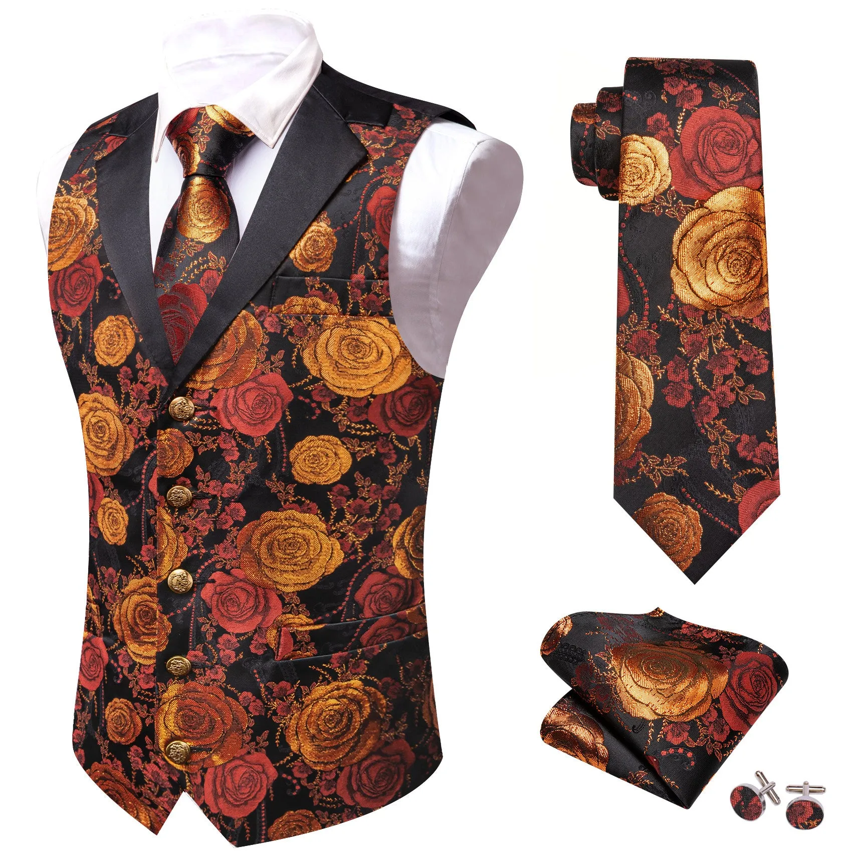 Barry. Wang Mens Collar Vest Red Orange Rose Floral Suit Waistcoat Tie Hanky Cufflinks Set sold by Barrywang product image thumbnail 3