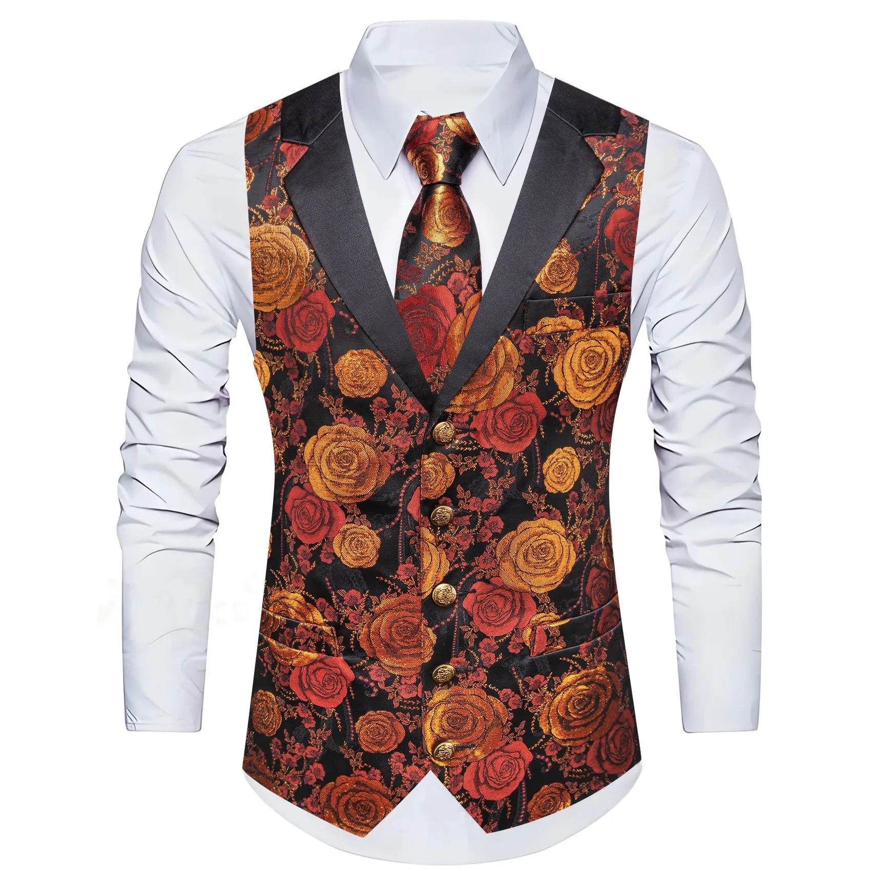 Barry. Wang Mens Collar Vest Red Orange Rose Floral Suit Waistcoat Tie Hanky Cufflinks Set sold by Barrywang product image thumbnail 2