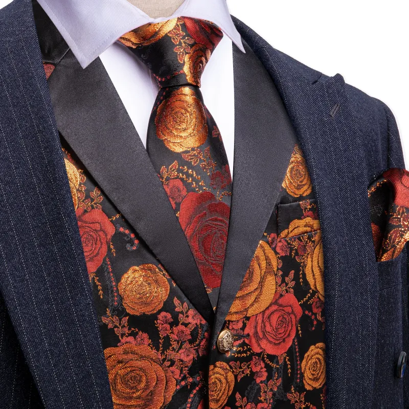 Barry. Wang Mens Collar Vest Red Orange Rose Floral Suit Waistcoat Tie Hanky Cufflinks Set sold by Barrywang
