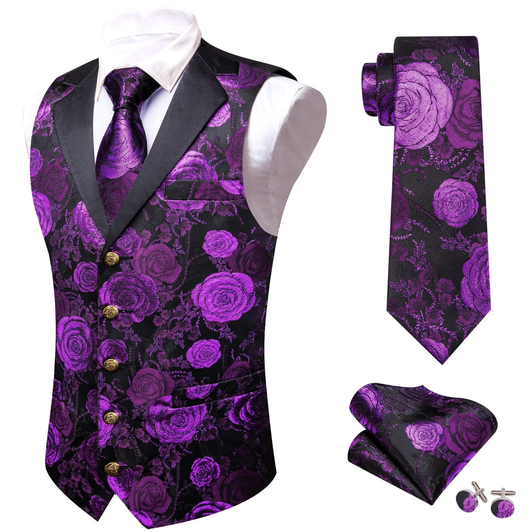 Barry. Wang Mens Collar Vest Purple Rose Floral Suit Waistcoat Tie Hanky Cufflinks Set sold by Barrywang product image thumbnail 3