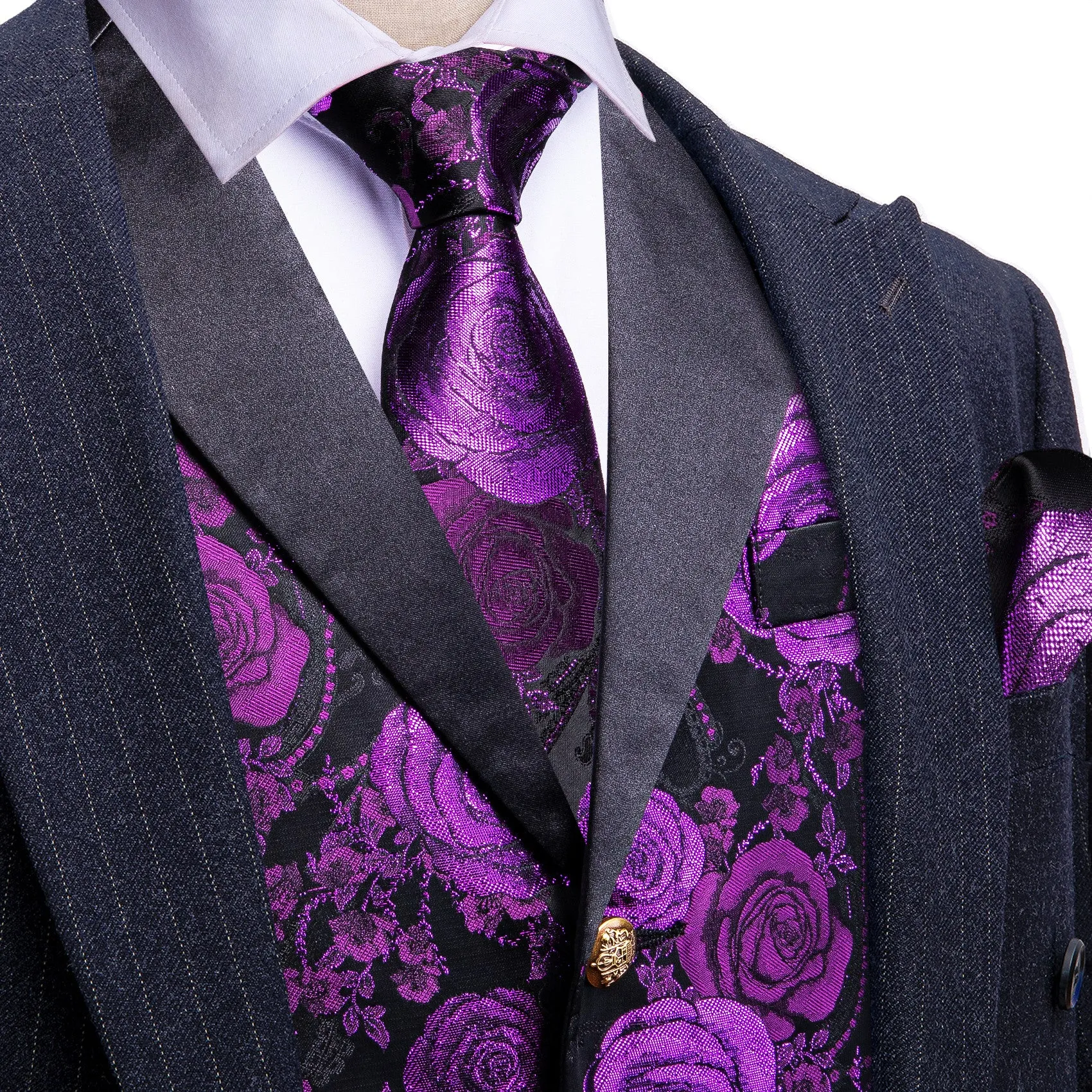 Barry. Wang Mens Collar Vest Purple Rose Floral Suit Waistcoat Tie Hanky Cufflinks Set sold by Barrywang