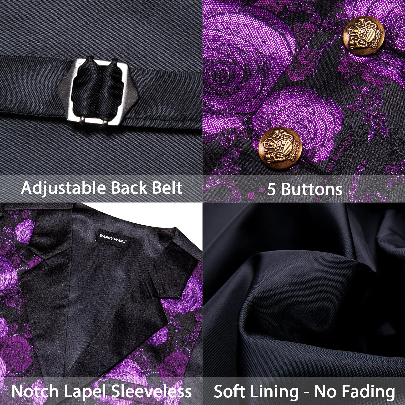 Barry. Wang Mens Collar Vest Purple Rose Floral Suit Waistcoat Tie Hanky Cufflinks Set sold by Barrywang product image thumbnail 5