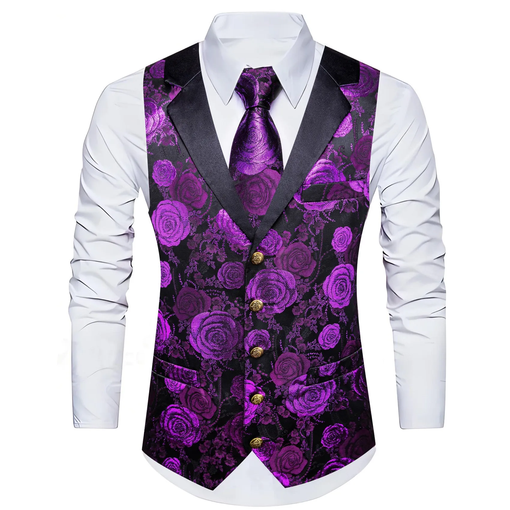 Barry. Wang Mens Collar Vest Purple Rose Floral Suit Waistcoat Tie Hanky Cufflinks Set sold by Barrywang product image thumbnail 2