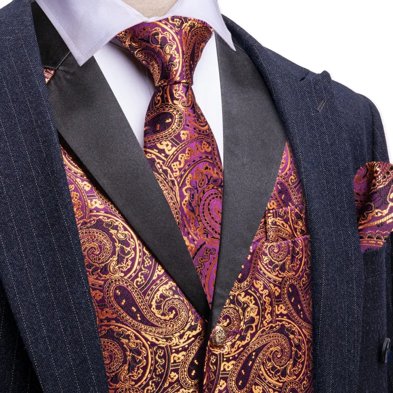 Barry. Wang Mens Gold Dress Vest Twilight Lavender Paisley Suit Vest Necktie Pocket Square Cufflinks Set sold by Barrywang