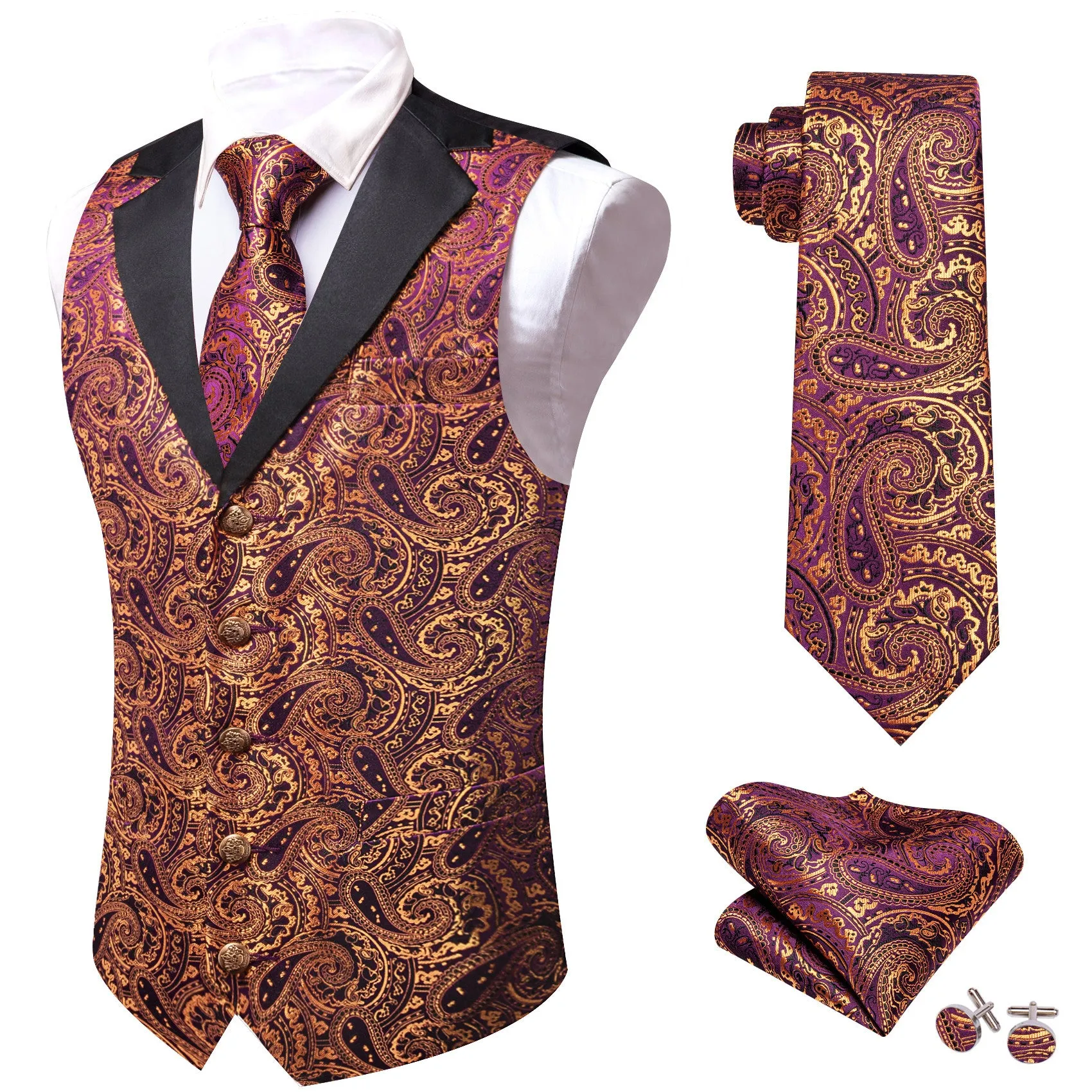 Barry. Wang Mens Gold Dress Vest Twilight Lavender Paisley Suit Vest Necktie Pocket Square Cufflinks Set sold by Barrywang product image thumbnail 3
