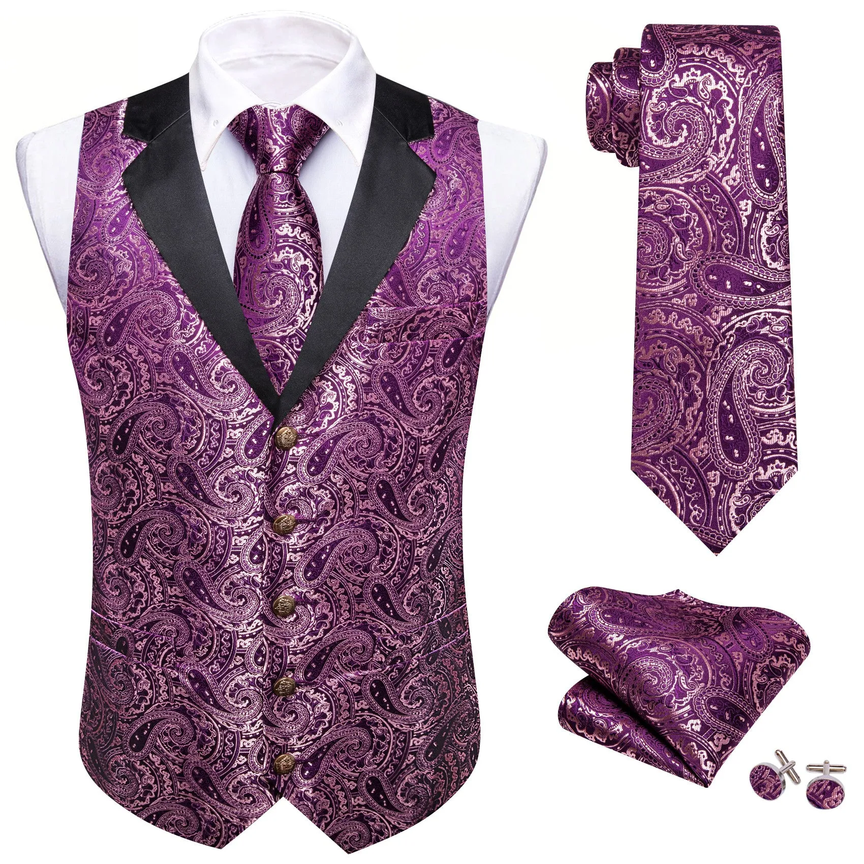 Barry. Wang Mens Paisley Suit Collar Vest Twilight Lavender Waistcoat Necktie Hanky Cufflinks Set sold by Barrywang product image thumbnail 2