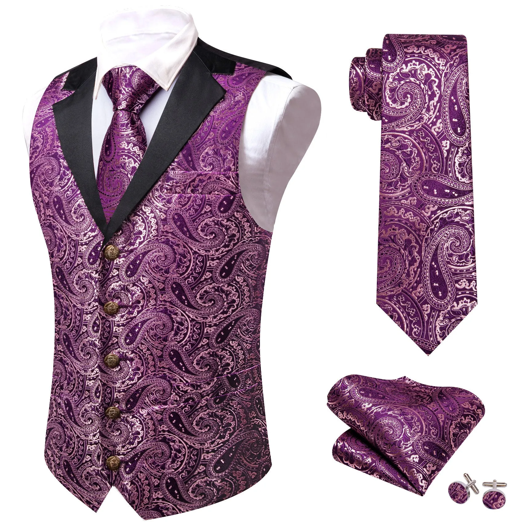 Barry. Wang Mens Paisley Suit Collar Vest Twilight Lavender Waistcoat Necktie Hanky Cufflinks Set sold by Barrywang product image thumbnail 5