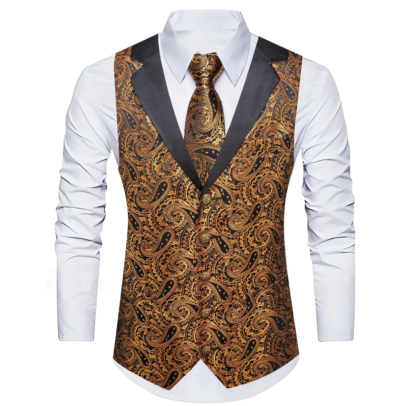 Barry. Wang Gold Paisley Dress Vest Notch-Lapel Collar Vest Necktie Pocket Square Cufflinks Set sold by Barrywang product image thumbnail 4