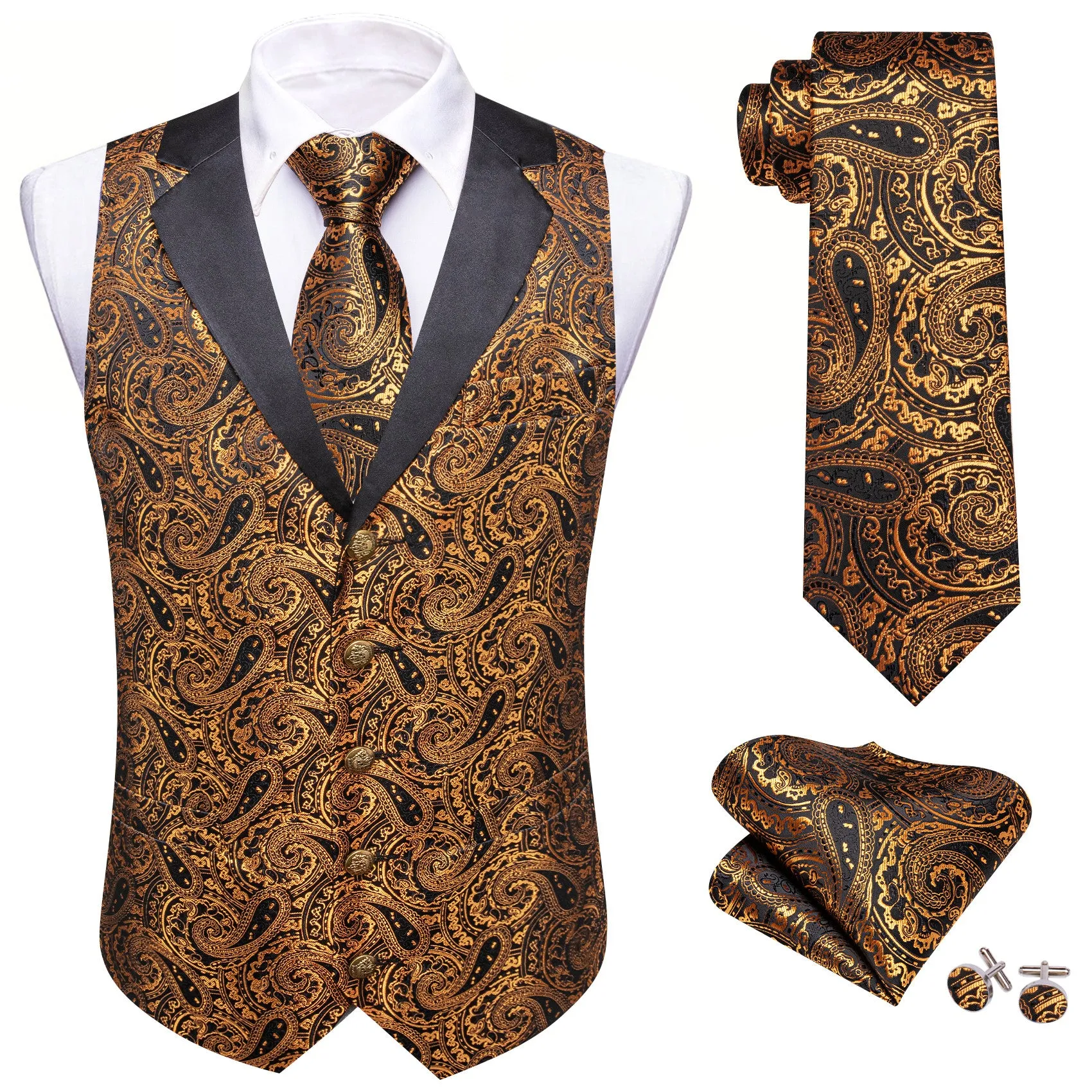 Barry. Wang Gold Paisley Dress Vest Notch-Lapel Collar Vest Necktie Pocket Square Cufflinks Set sold by Barrywang product image thumbnail 2