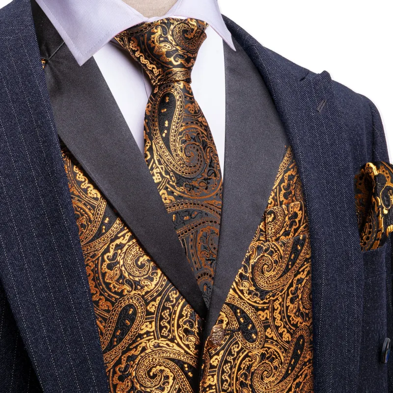 Barry. Wang Gold Paisley Dress Vest Notch-Lapel Collar Vest Necktie Pocket Square Cufflinks Set sold by Barrywang