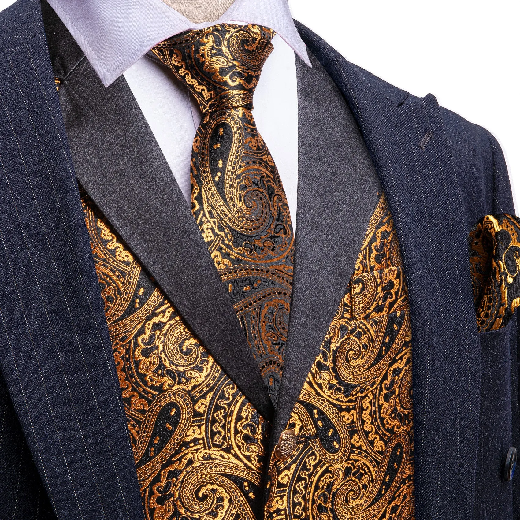 Barry. Wang Gold Paisley Dress Vest Notch-Lapel Collar Vest Necktie Pocket Square Cufflinks Set sold by Barrywang