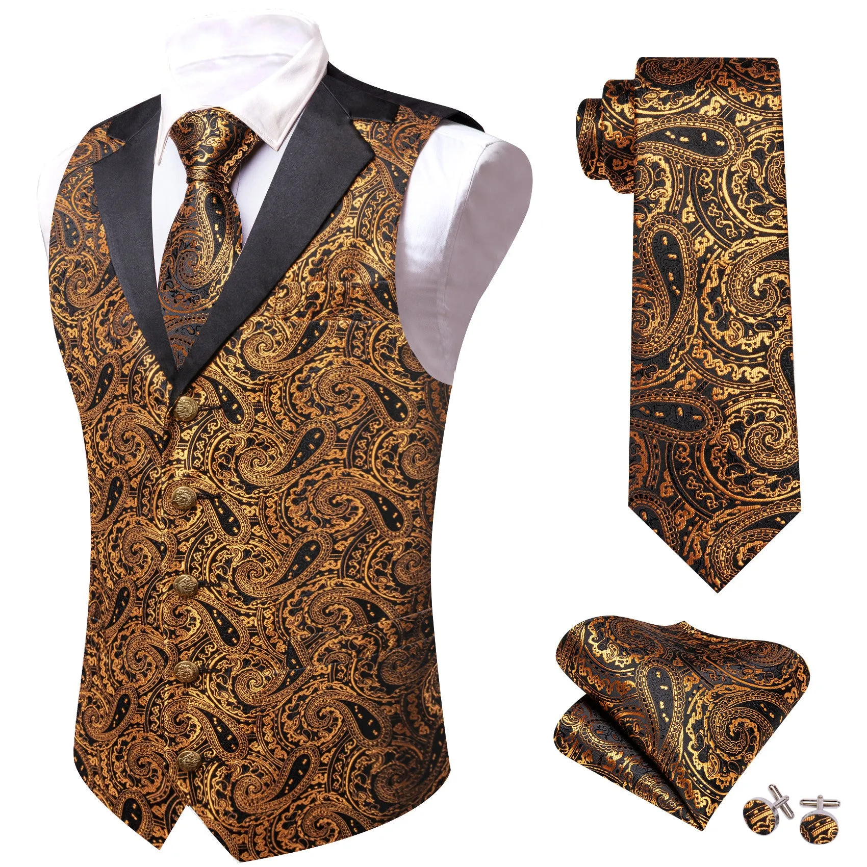 Barry. Wang Gold Paisley Dress Vest Notch-Lapel Collar Vest Necktie Pocket Square Cufflinks Set sold by Barrywang product image thumbnail 5