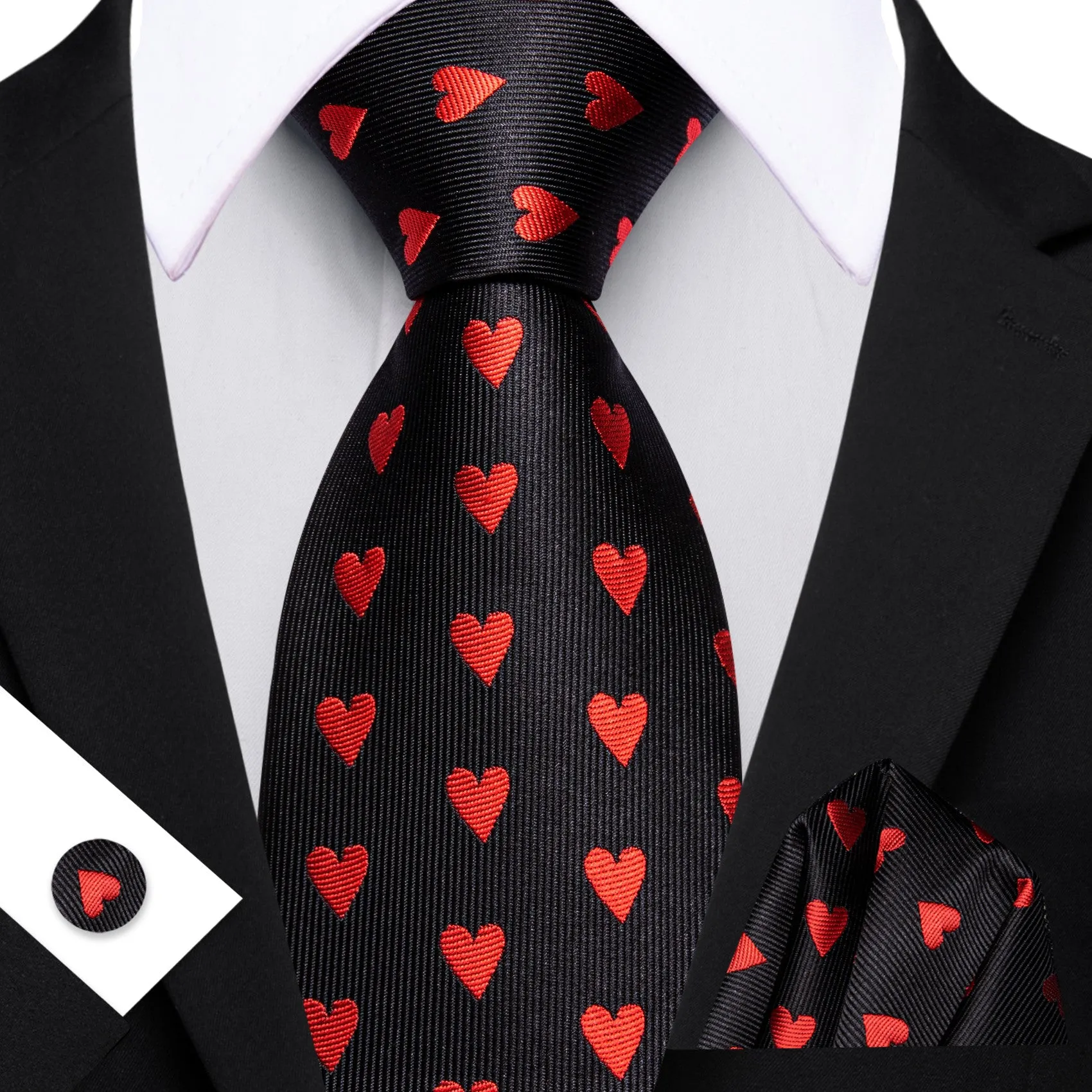 Barry. Wang Black Tie Red Heart Novelty Mens Tie Hanky Cufflinks Set sold by Barrywang
