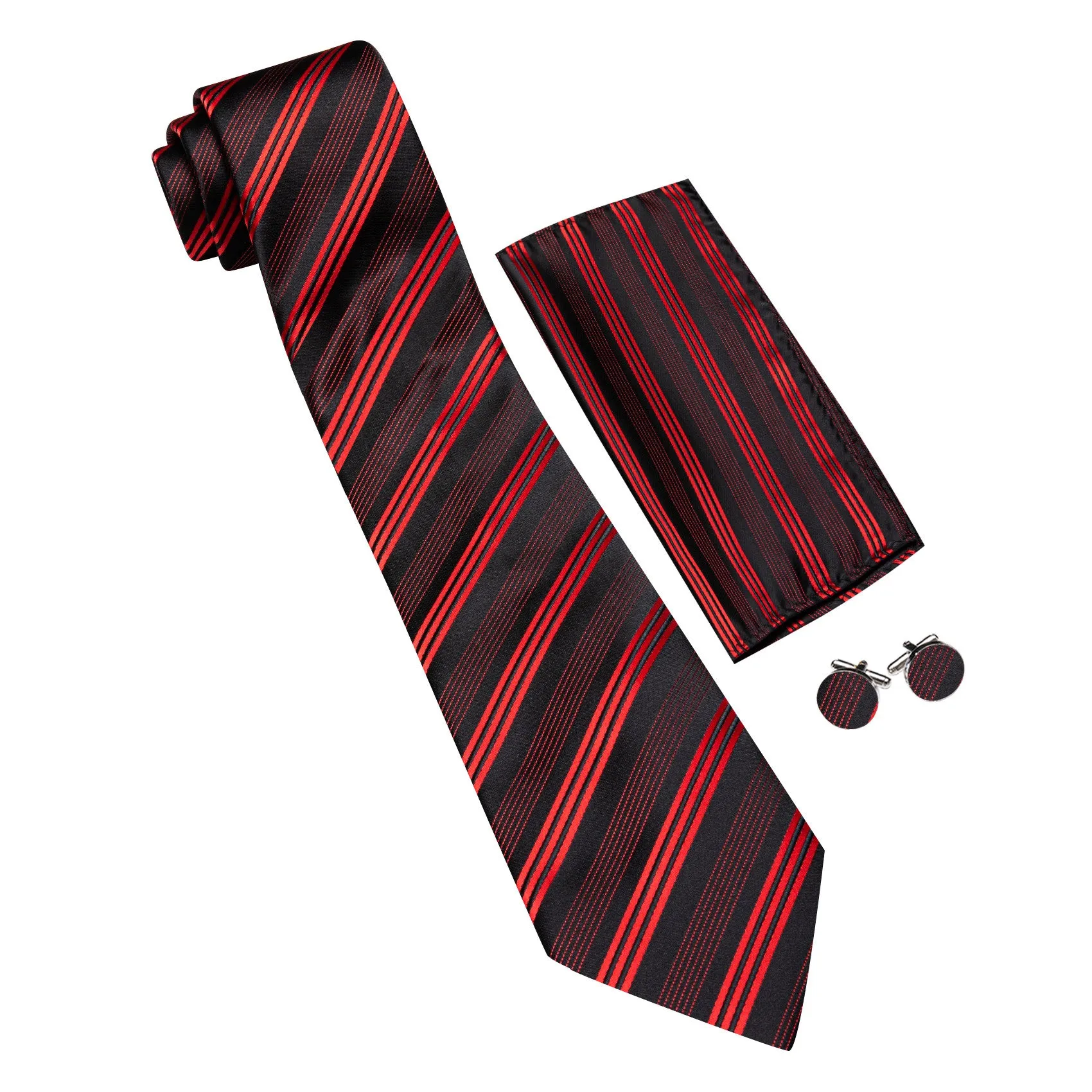 Barry. Wang Red Black Striped Tie Silk Necktie Pocket Square Cufflinks Set sold by Barrywang product image thumbnail 4