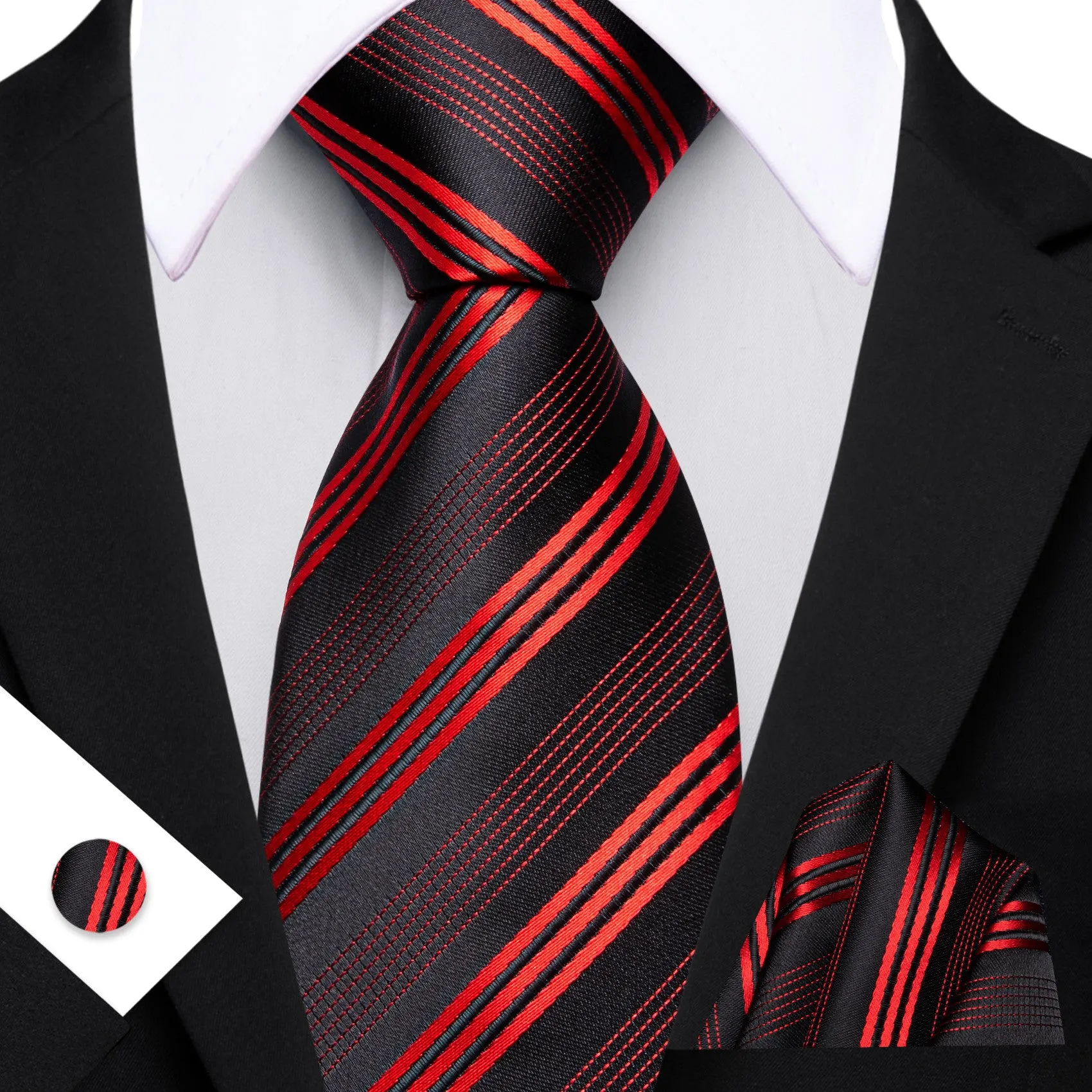 Barry. Wang Red Black Striped Tie Silk Necktie Pocket Square Cufflinks Set sold by Barrywang