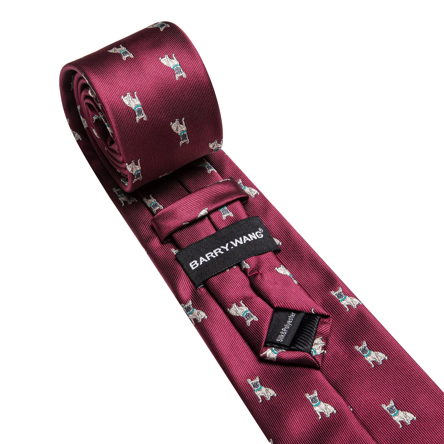 Barry. Wang Burgundy Necktie Cute Puppy Pattern Novelty Silk Tie Hanky Cufflinks Set sold by Barrywang product image thumbnail 3