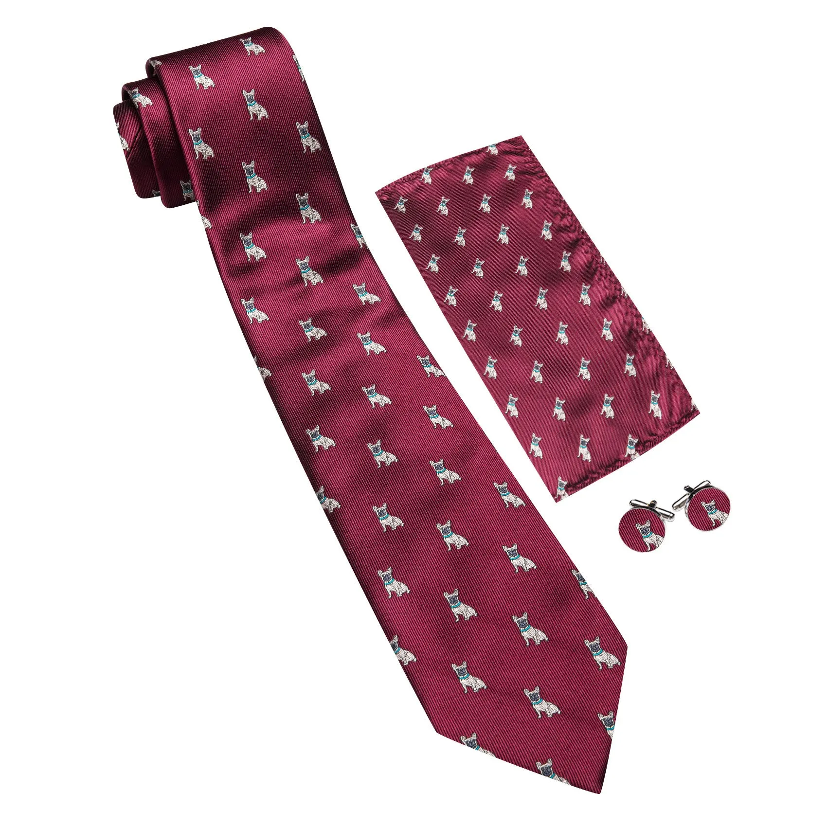 Barry. Wang Burgundy Necktie Cute Puppy Pattern Novelty Silk Tie Hanky Cufflinks Set sold by Barrywang product image thumbnail 4