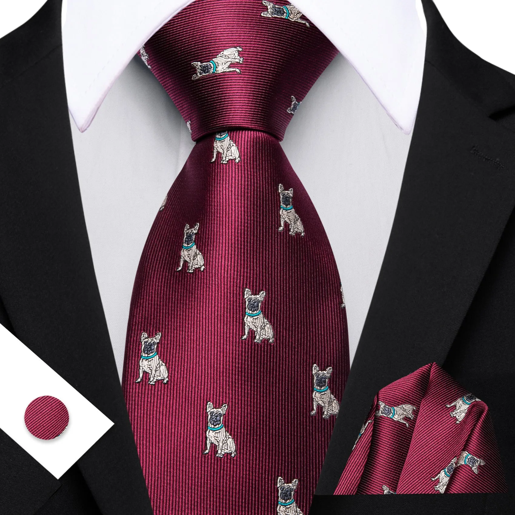 Barry. Wang Burgundy Necktie Cute Puppy Pattern Novelty Silk Tie Hanky Cufflinks Set sold by Barrywang