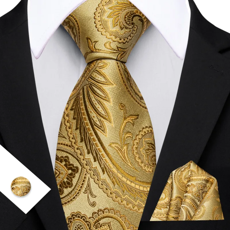 Barry. Wang Mens Paisley Tie Silk Gold Necktie Hanky Cufflinks Set sold by Barrywang