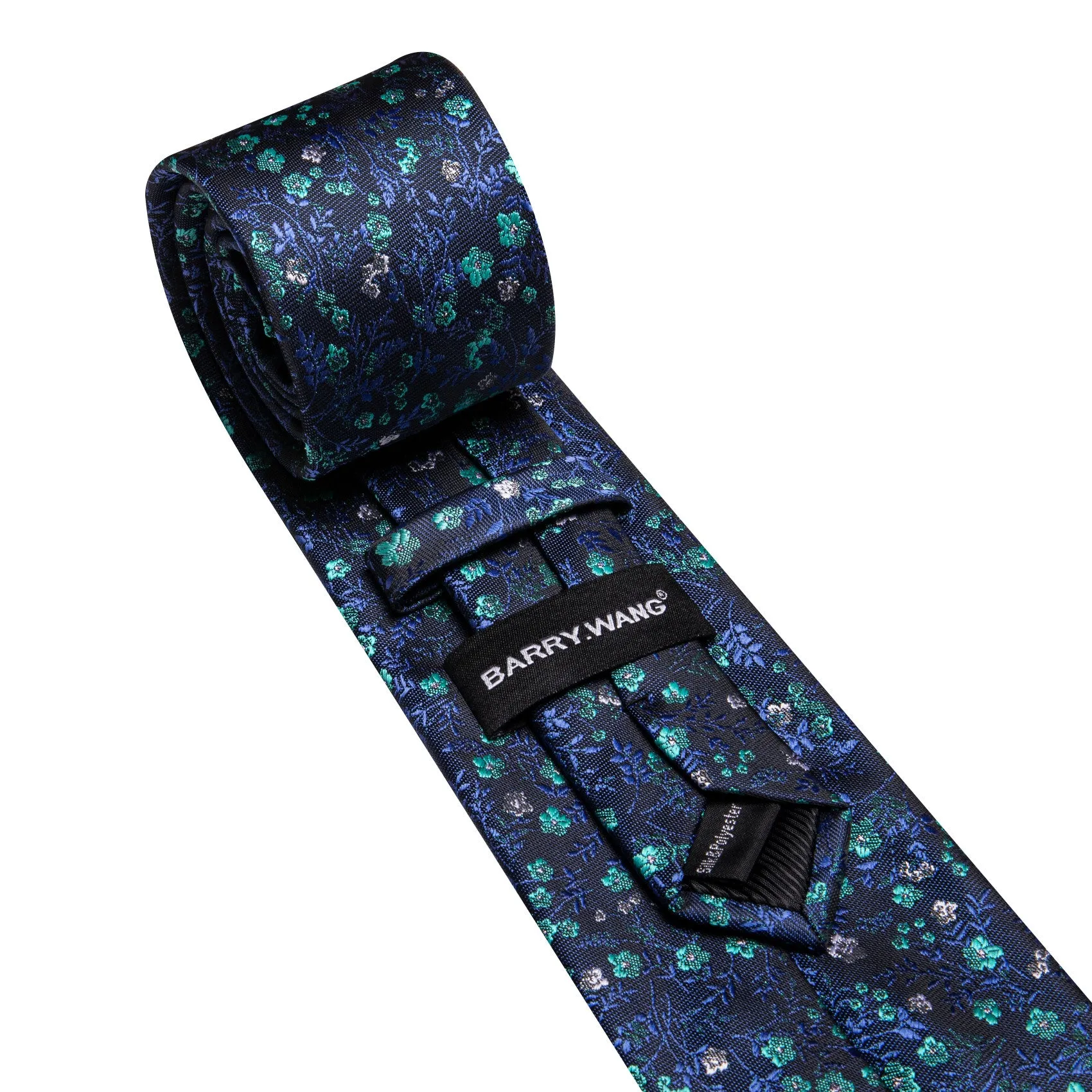 Barry. Wang Navy Blue Necktie Green Floral Silk Tie Pocket Square Cufflinks Set sold by Barrywang product image thumbnail 3