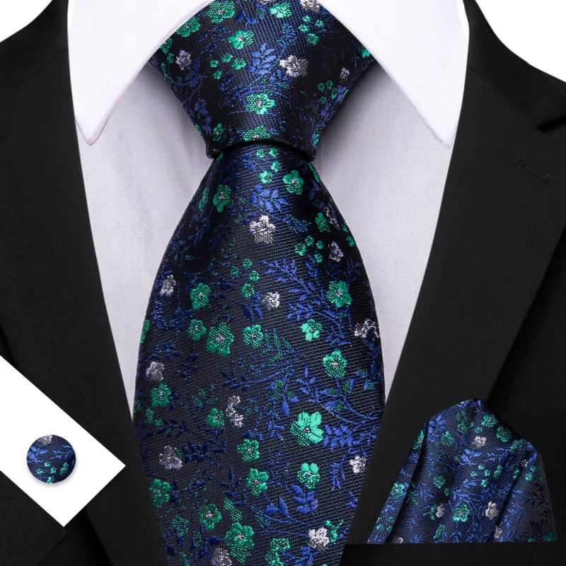 Barry. Wang Navy Blue Necktie Green Floral Silk Tie Pocket Square Cufflinks Set sold by Barrywang