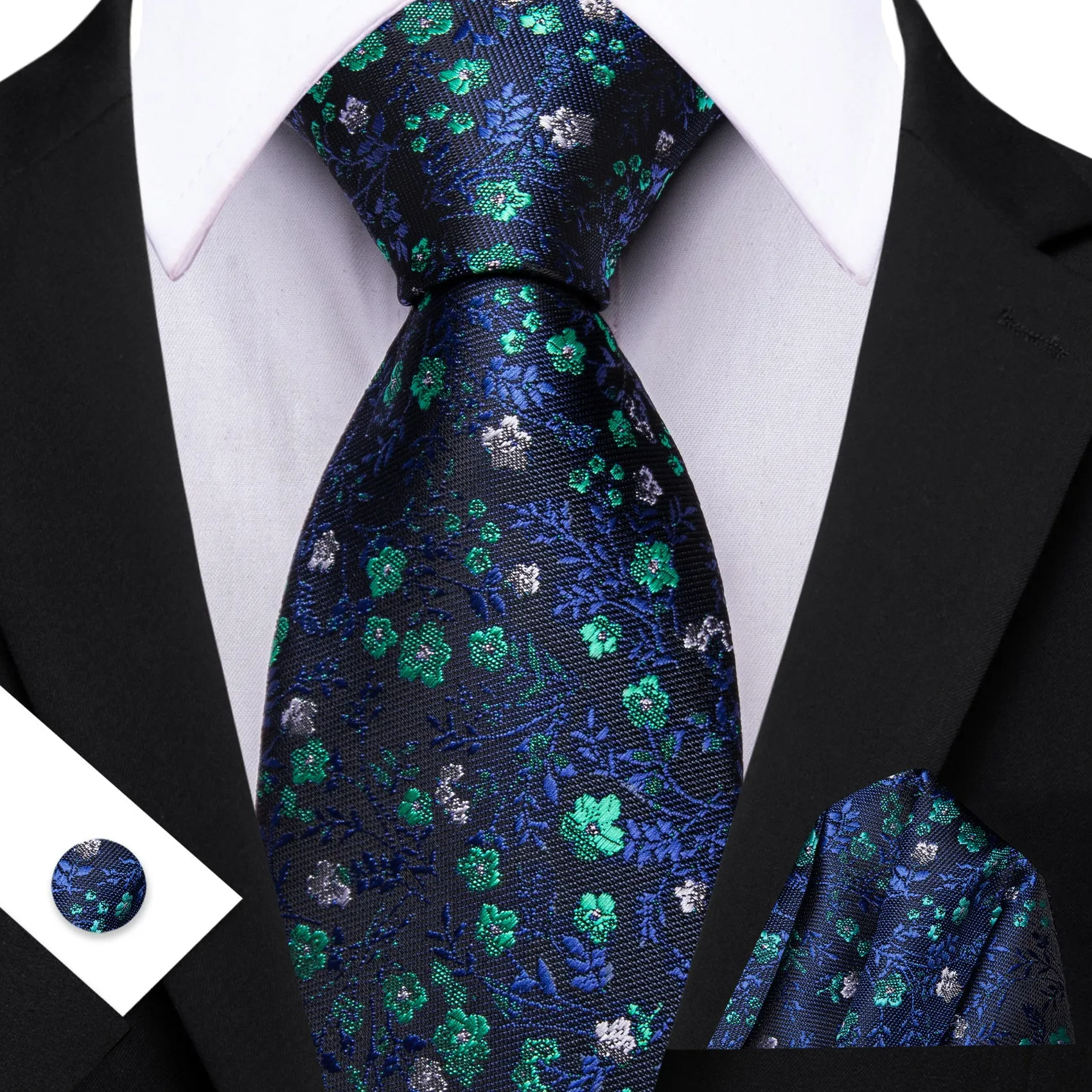 Barry. Wang Navy Blue Necktie Green Floral Silk Tie Pocket Square Cufflinks Set sold by Barrywang