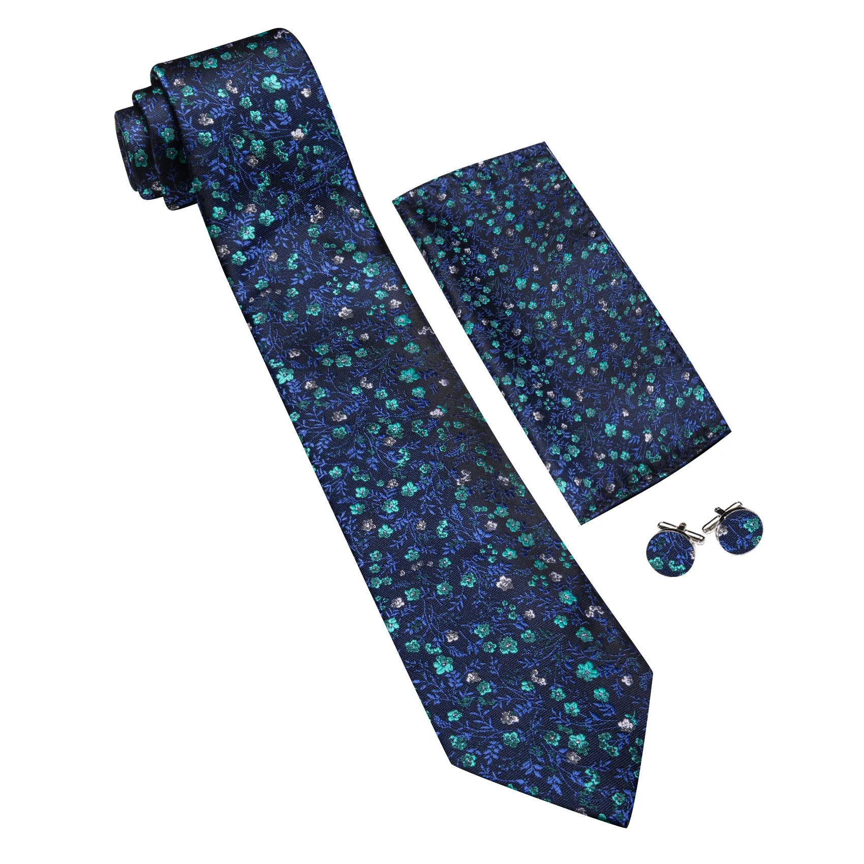 Barry. Wang Navy Blue Necktie Green Floral Silk Tie Pocket Square Cufflinks Set sold by Barrywang product image thumbnail 4