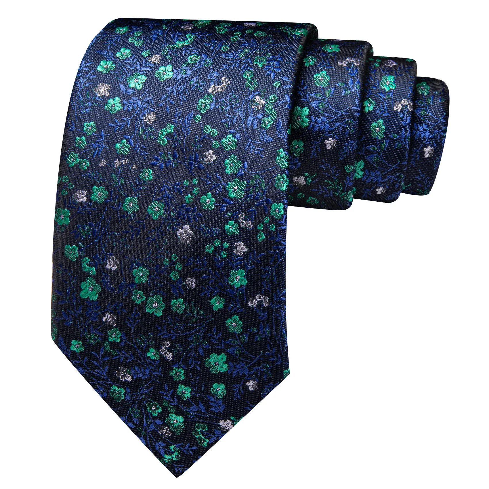 Barry. Wang Navy Blue Necktie Green Floral Silk Tie Pocket Square Cufflinks Set sold by Barrywang product image thumbnail 2