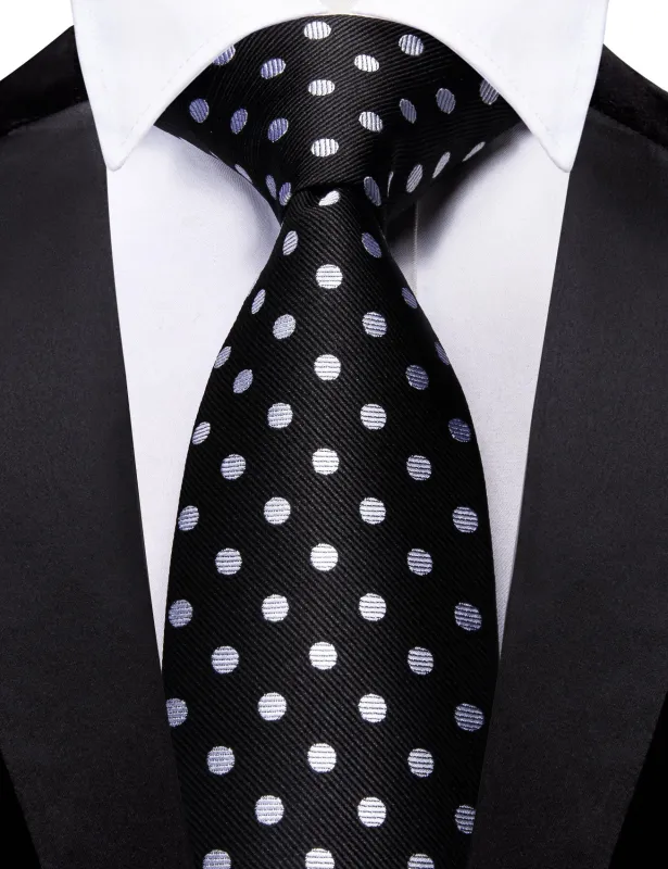 Barry. Wang Black Silk Tie White Polka Dots Necktie Pocket Square Cufflinks Set sold by Barrywang