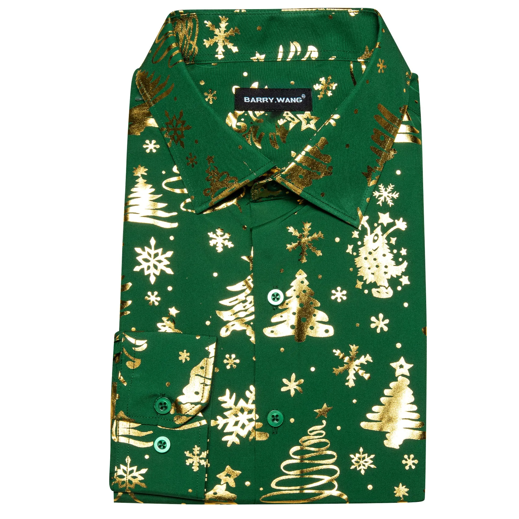Barry. Wang Holiday Green Dress Shirt Gold Xmas Pattern Silk Mens Long Sleeve Shirt sold by Barrywang product image thumbnail 5