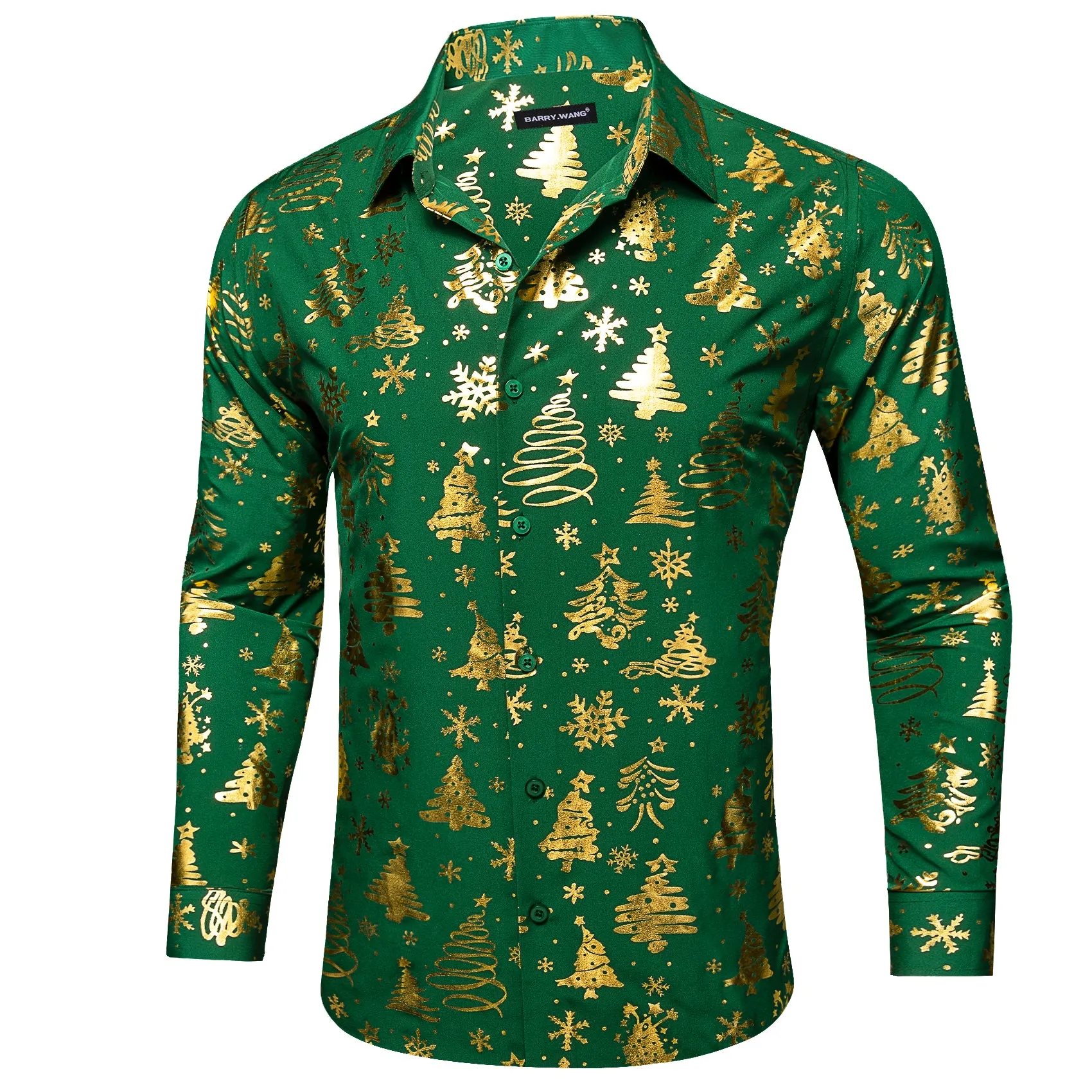 Barry. Wang Holiday Green Dress Shirt Gold Xmas Pattern Silk Mens Long Sleeve Shirt sold by Barrywang product image thumbnail 3