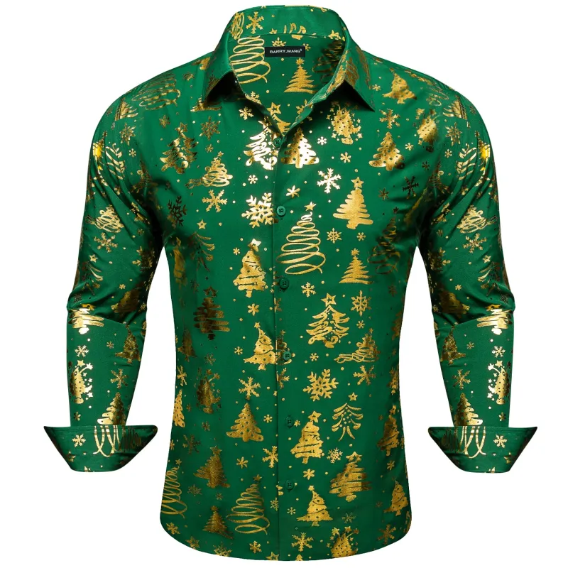Barry. Wang Holiday Green Dress Shirt Gold Xmas Pattern Silk Mens Long Sleeve Shirt sold by Barrywang