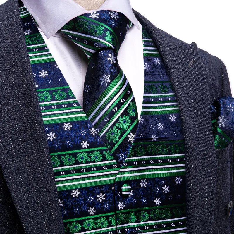 Barry. Wang Mens Holiday Green Suit Vest Navy Snowflake Xmas Silk Formal Waistcoat Tie Hanky Cufflinks Set sold by Barrywang