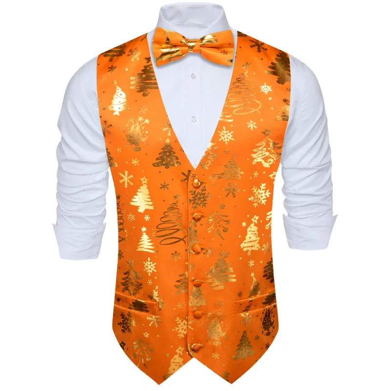 Barry. Wang Holiday Orange Casual Vest Xmas Pattern Party Waistcoat Bowtie Hanky Cufflinks Set sold by Barrywang