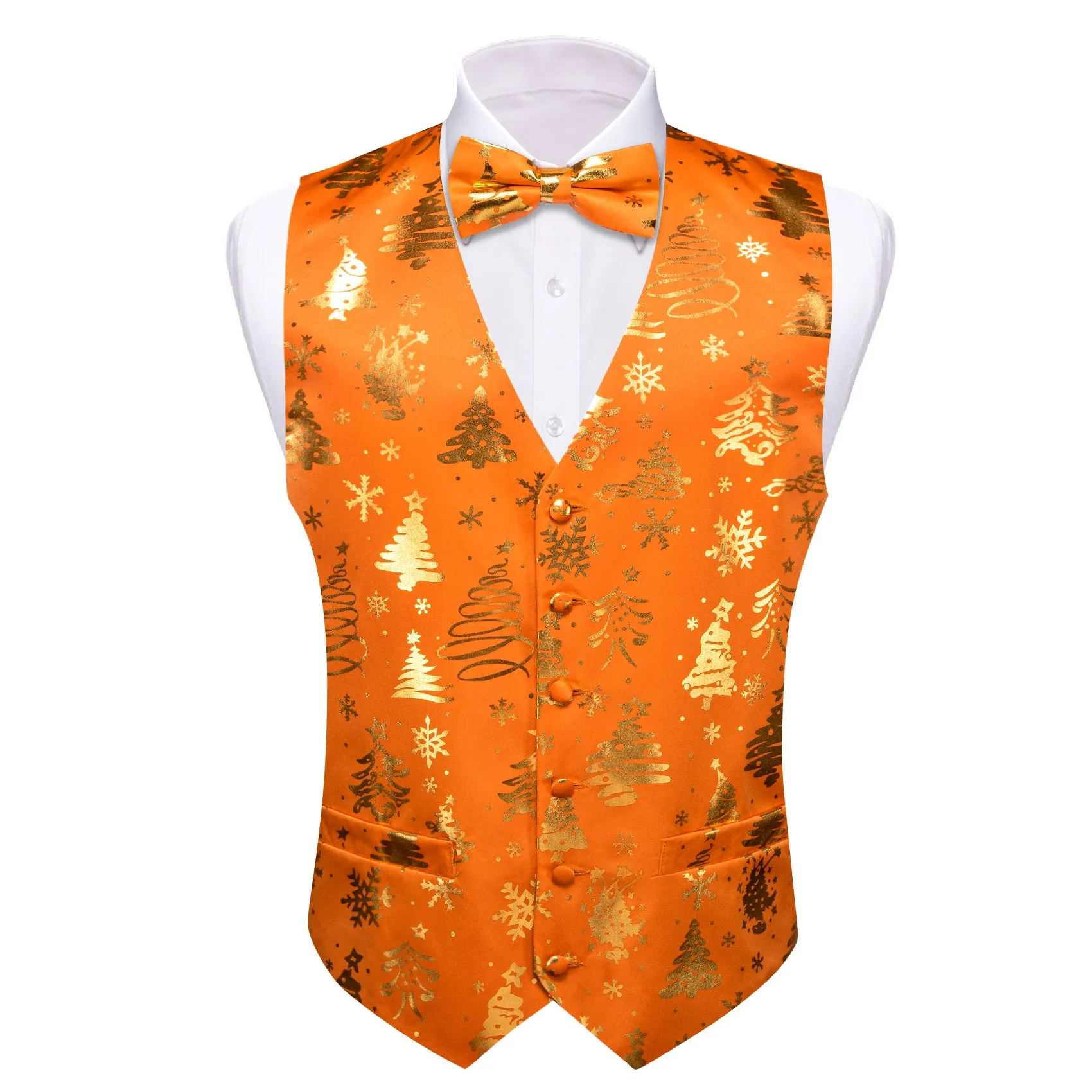 Barry. Wang Holiday Orange Casual Vest Xmas Pattern Party Waistcoat Bowtie Hanky Cufflinks Set sold by Barrywang product image thumbnail 3