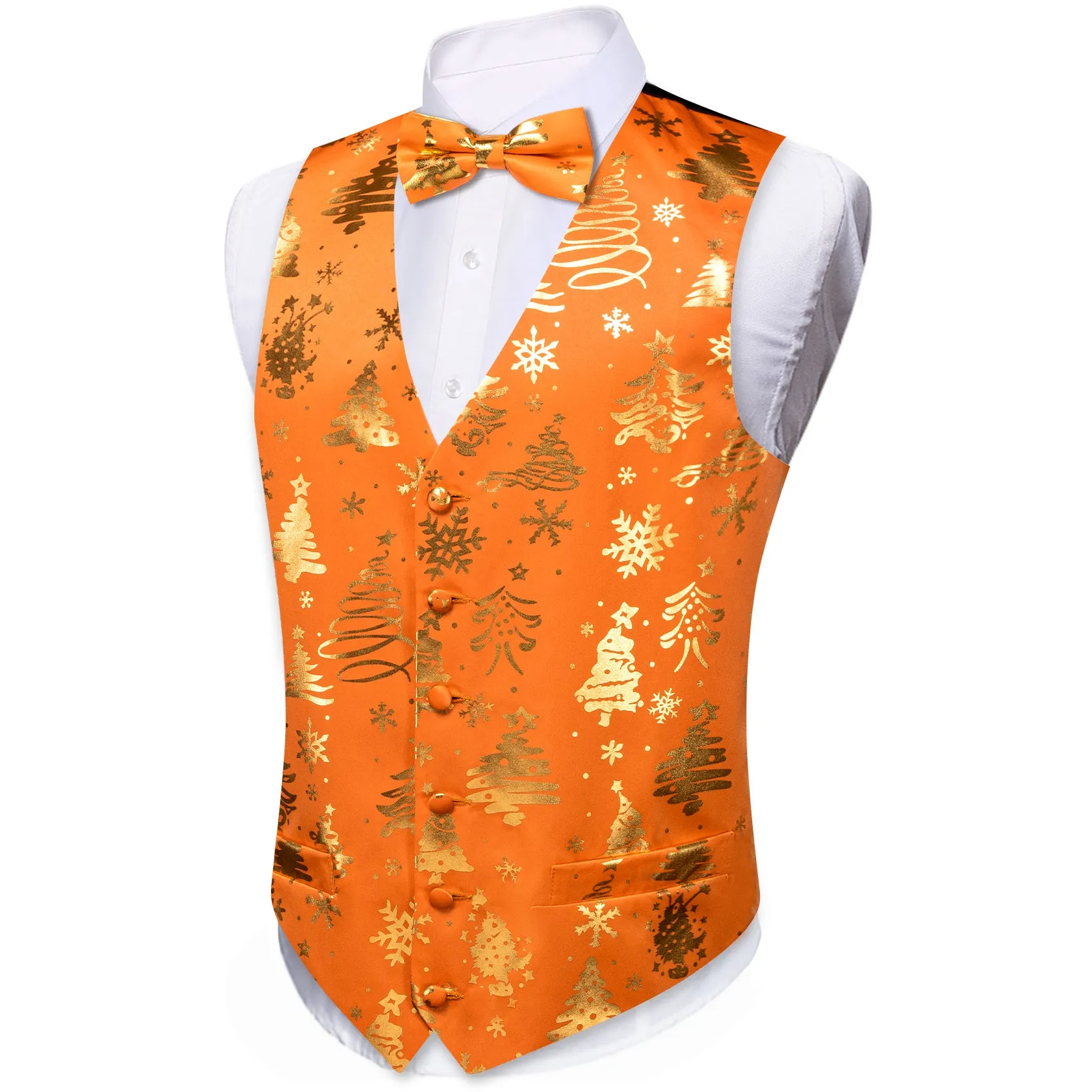 Barry. Wang Holiday Orange Casual Vest Xmas Pattern Party Waistcoat Bowtie Hanky Cufflinks Set sold by Barrywang product image thumbnail 4