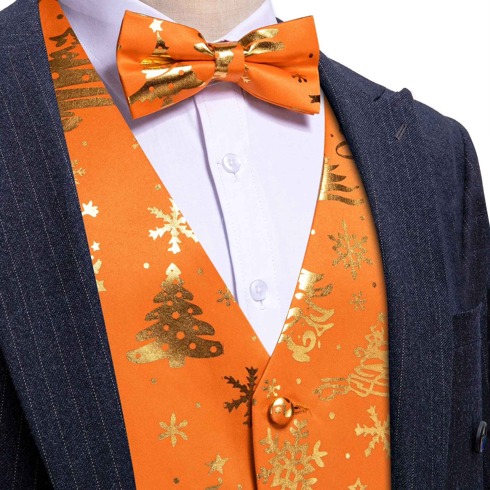 Barry. Wang Holiday Orange Casual Vest Xmas Pattern Party Waistcoat Bowtie Hanky Cufflinks Set sold by Barrywang product image thumbnail 2