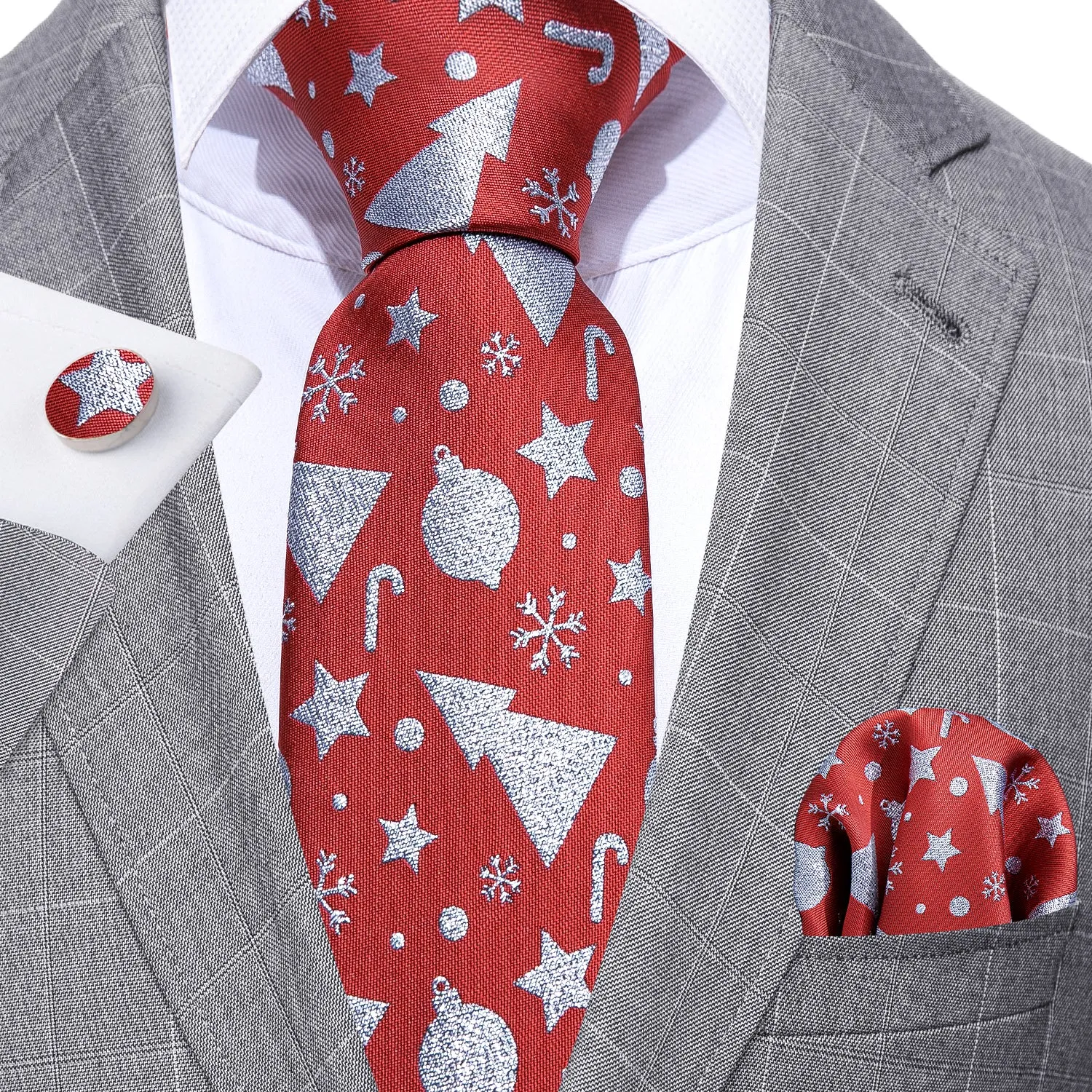 Barry. Wang Holiday Red Tie Silver Xmas Novelty Silk Necktie Pocket Square Cufflinks Set sold by Barrywang product image thumbnail 2