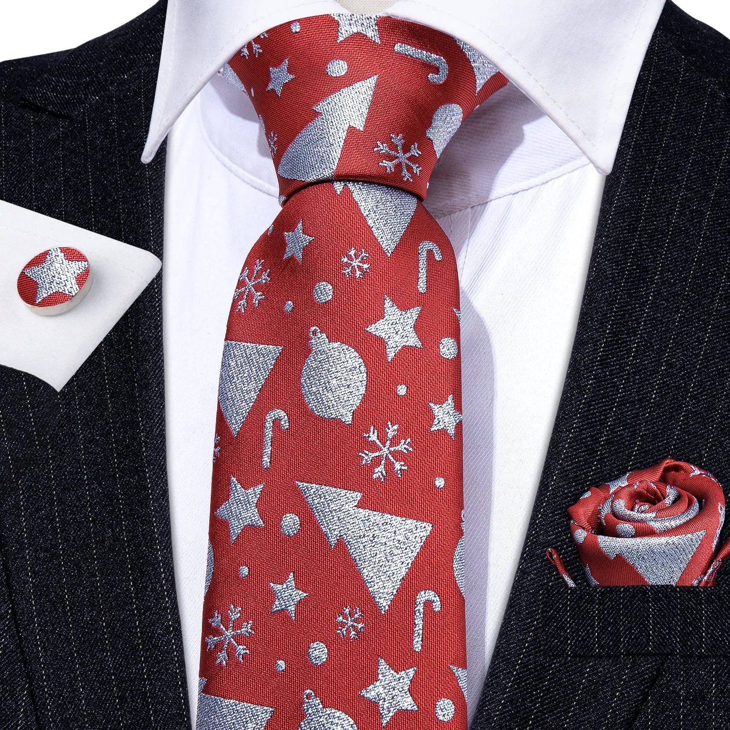 Barry. Wang Holiday Red Tie Silver Xmas Novelty Silk Necktie Pocket Square Cufflinks Set sold by Barrywang product image thumbnail 3