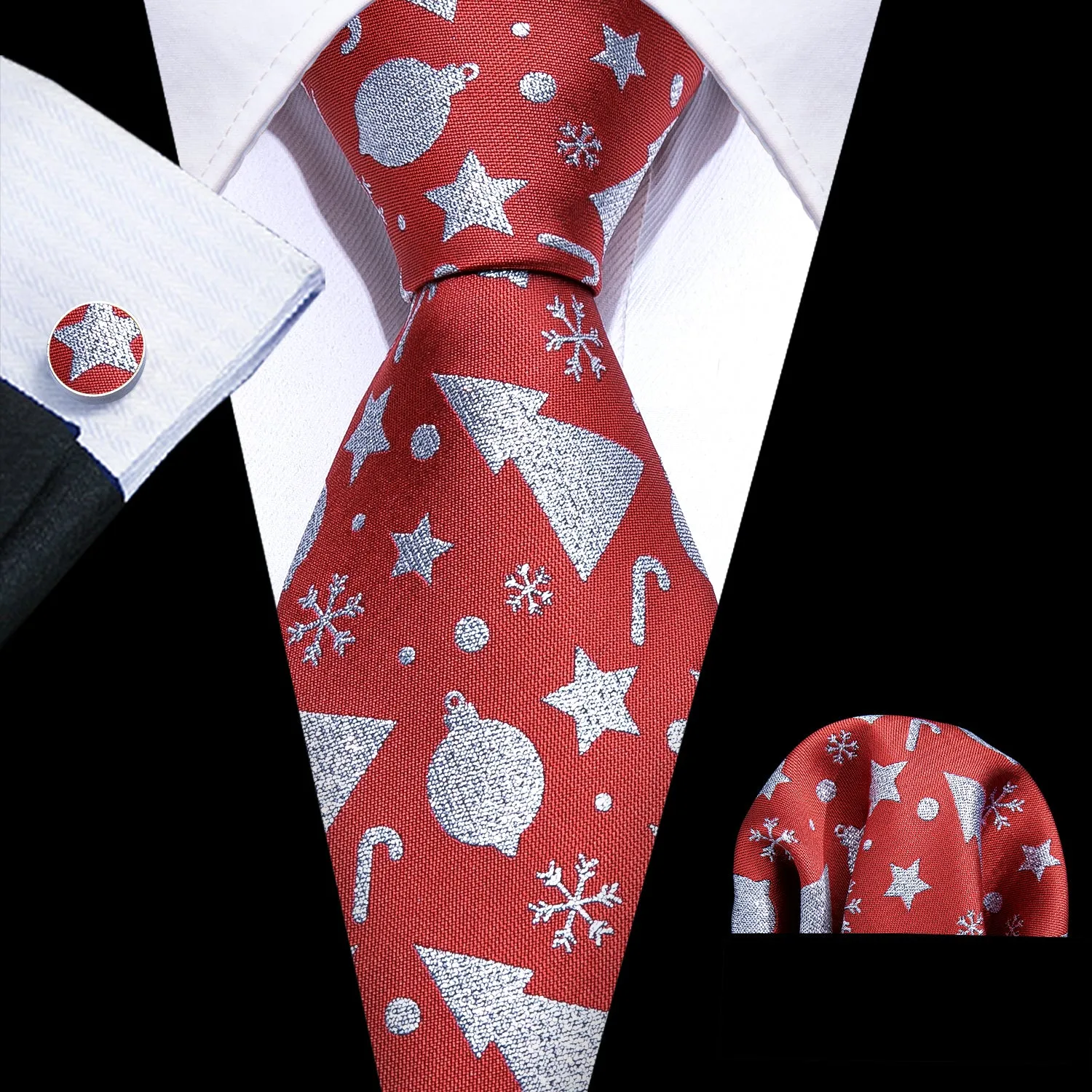 Barry. Wang Holiday Red Tie Silver Xmas Novelty Silk Necktie Pocket Square Cufflinks Set sold by Barrywang